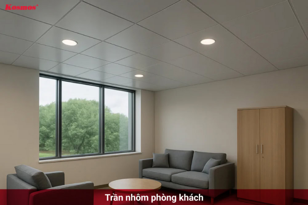 Trần nhôm chia ô vuông nhỏ, mang lại vẻ hiện đại cho phòng khách Trần nhôm chia ô vuông nhỏ, mang lại vẻ hiện đại cho phòng khách