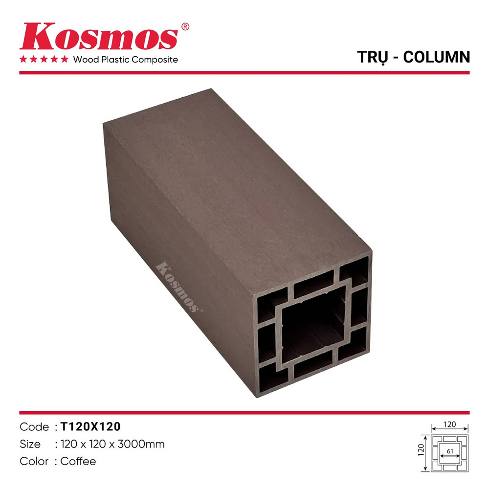 Trụ gỗ nhựa ngoài trời 1 lớp Kosmos T120X120 Coffee