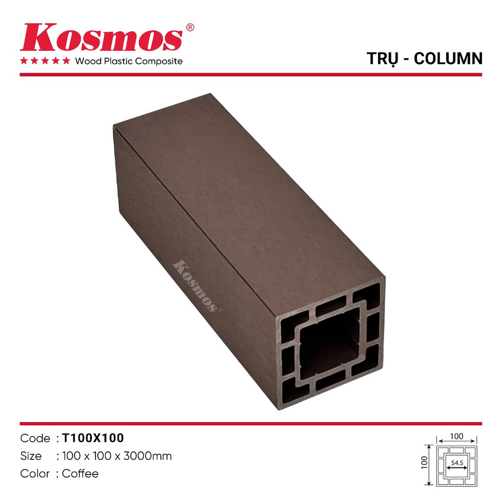 Trụ gỗ nhựa ngoài trời Kosmos mã T100X100 Coffee (nâu cà phê)