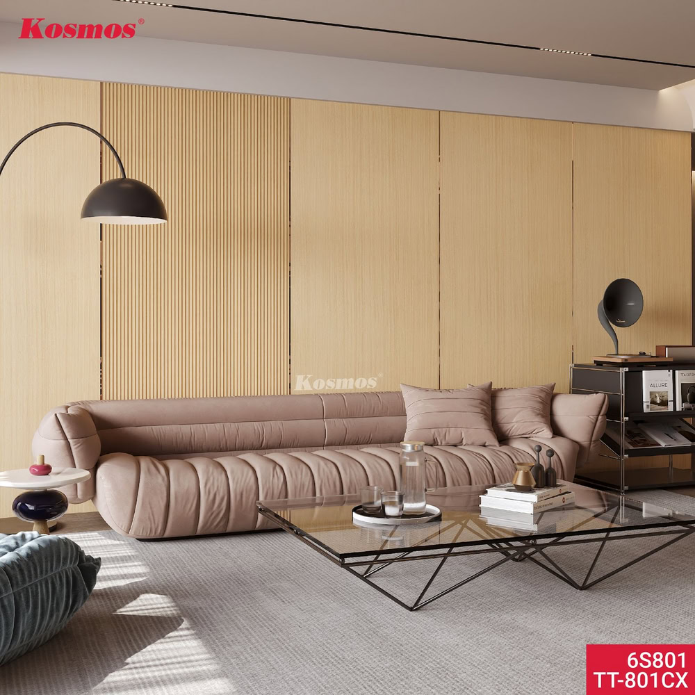 Vách tường phòng khách ốp tấm than tre phẳng và lam sóng vân gỗ