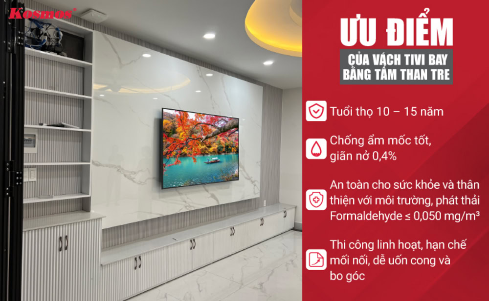 4 lợi ích vượt trội khi thiết kế vách tivi bay ốp tấm than tre