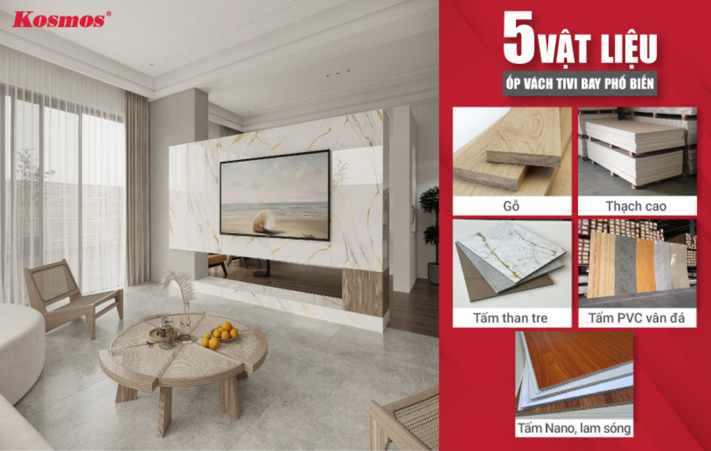5 vật liệu ốp vách tivi bay bền đẹp, hiện đại