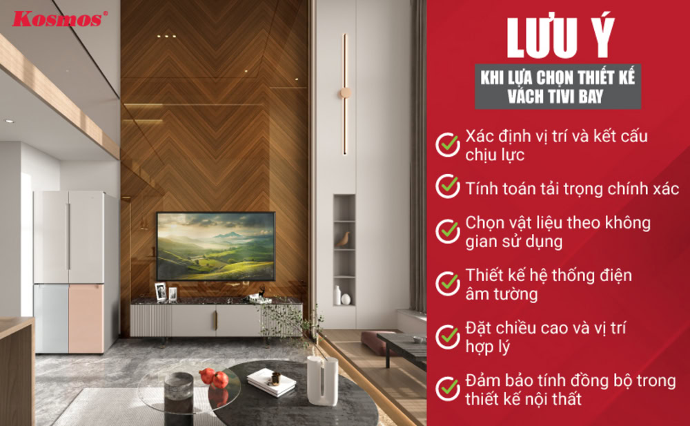 6 lưu ý khi lựa chọn thiết kế kệ vách tivi treo