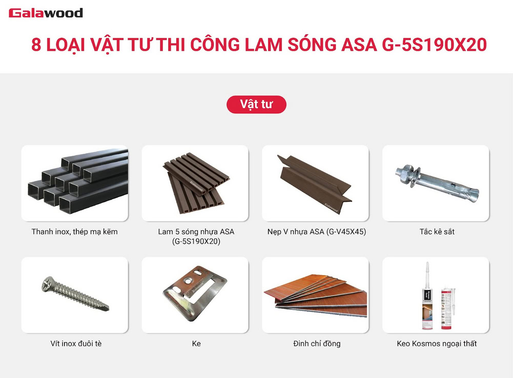 8 loại vật tư thi công tấm lam sóng nhựa ASA G-5S190X20