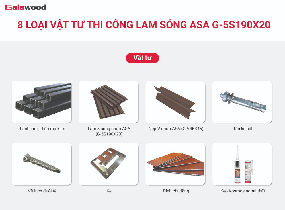 8 loại vật tư thi công tấm lam sóng nhựa ASA G-5S190X20