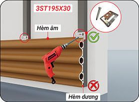 Bắn vít inox vào hèm âm của tấm ốp lam sóng tròn 3ST195X30, không bắn vào hèm dương