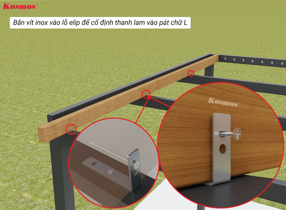Shoot stainless steel screws into the elliptical hole to fix the slat to the L-shaped iron bracket.