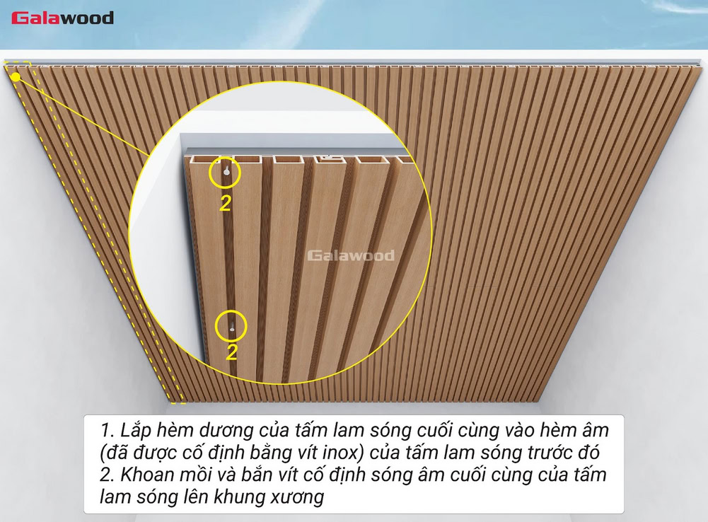 Bắt vít cố định sóng âm cuối cùng của tấm lam 4 sóng lên khung xương