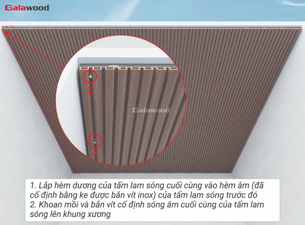 Bắt vít cố định sóng âm cuối cùng của tấm lam 4 sóng lên khung xương