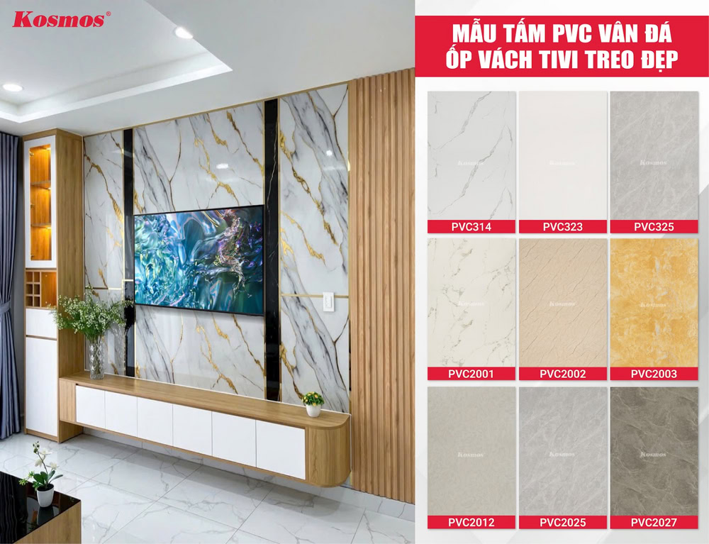 Bộ sưu tập tấm nhựa PVC vân đá ốp vách tivi treo đẹp