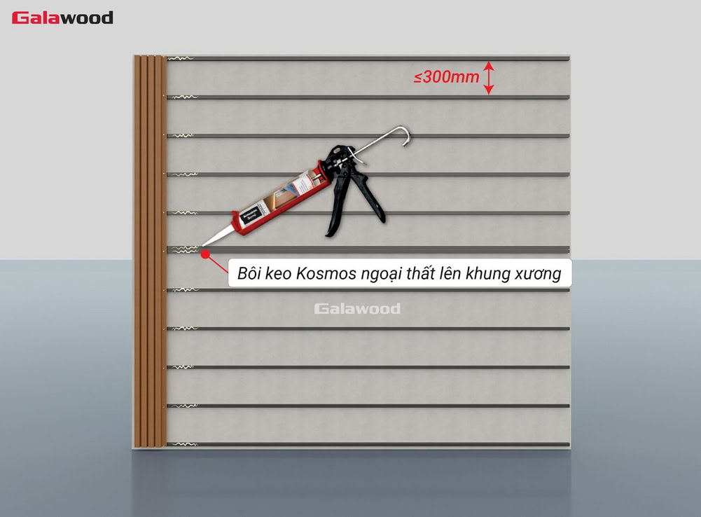 Bôi keo Kosmos ngoại thất lên khung xương ngang ốp G-4S219X25