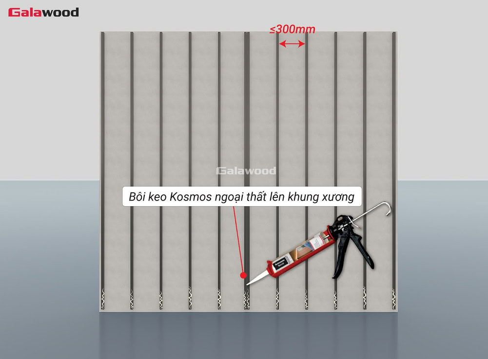 Bôi keo vào khung xương nằm dọc khi thi công lam sóng nhựa ASA G-4S219X25 nằm ngang