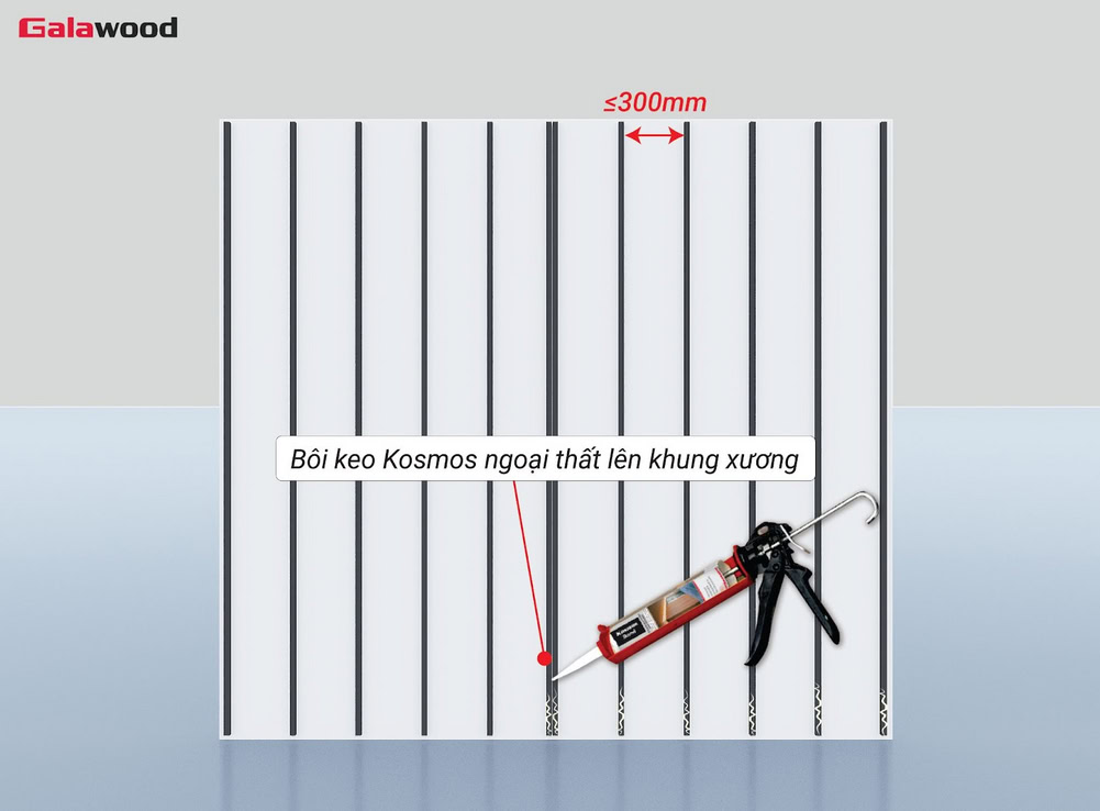 Bôi keo vào khung xương nằm dọc khi thi công tấm ốp nhựa ASA nằm ngang