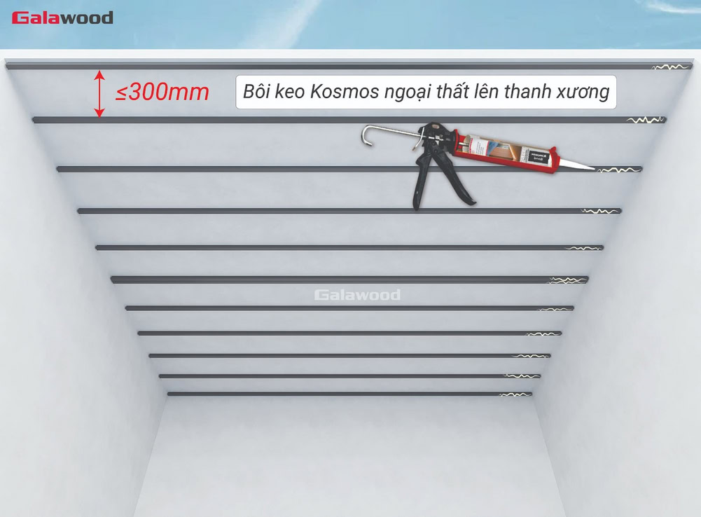 Bôi keo vào thanh xương trước khi lắp tấm ốp lam sóng G-5S190X20