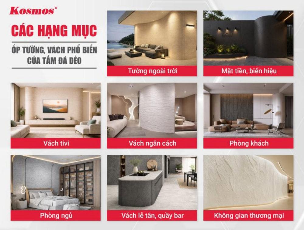 Các hạng mục ốp tường, vách phổ biến của tấm đá dẻo