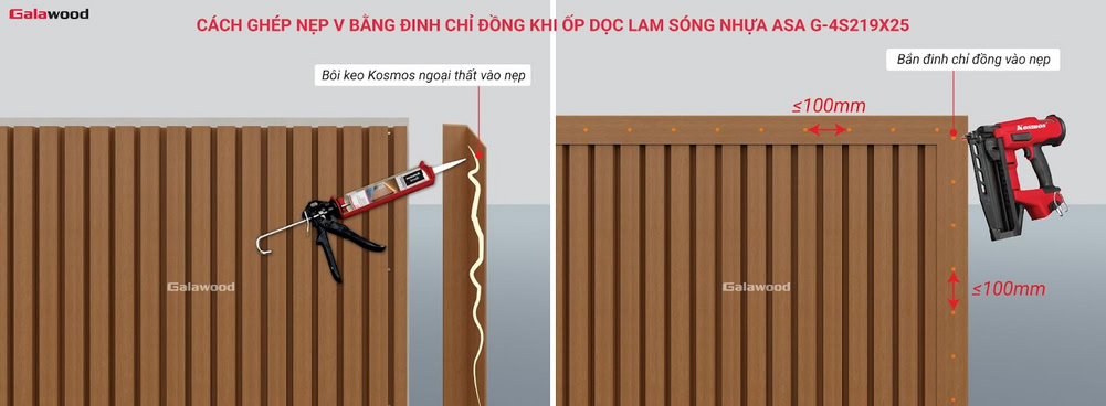 Cách ghép nẹp v bằng đinh chỉ đồng khi ốp dọc lam sóng nhựa ASA G-4S219X25