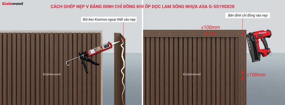 Cách ghép nẹp V bằng đinh chỉ đồng khi ốp dọc tấm ốp lam 5 sóng nhựa ASA