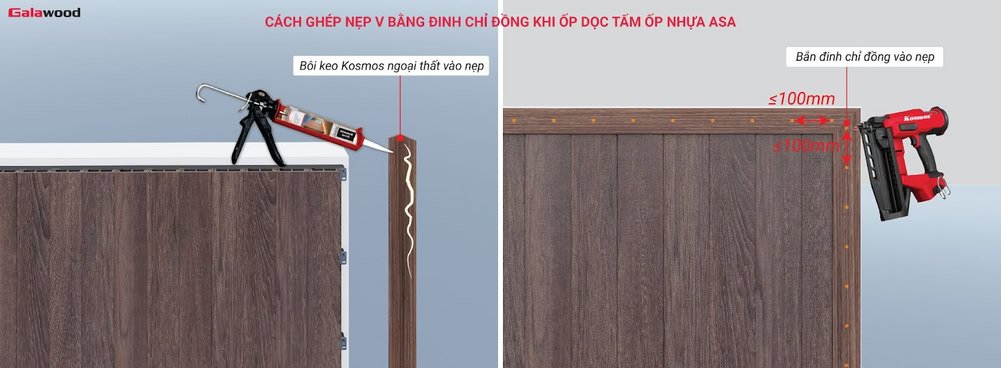 Cách ghép nẹp V bằng đinh chỉ đồng khi ốp dọc tấm ốp nhựa ASA