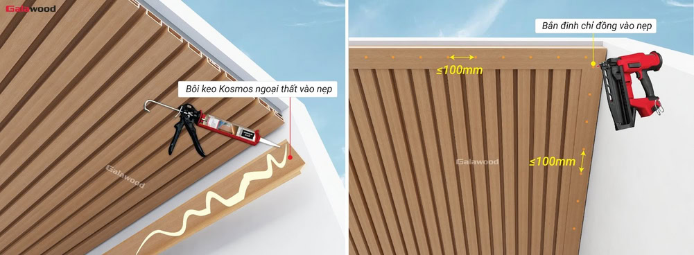 Cách ghép nẹp v bằng đinh chỉ đồng khi ốp lam sóng nhựa ASA G-4S219X25 trên trần