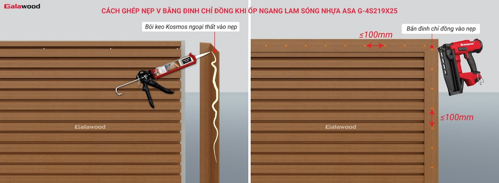 Cách ghép nẹp v bằng đinh chỉ đồng khi ốp ngang lam sóng nhựa ASA G-4S219X25