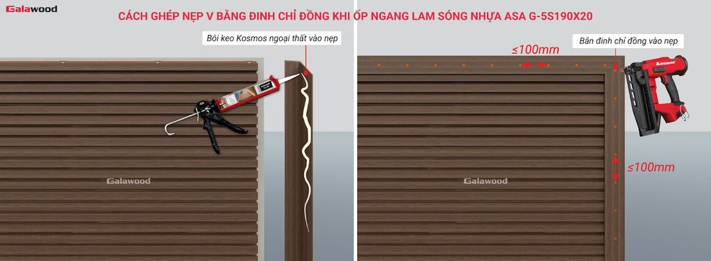 Cách ghép nẹp V bằng đinh chỉ đồng khi ốp ngang tấm ốp lam 5 sóng nhựa ASA