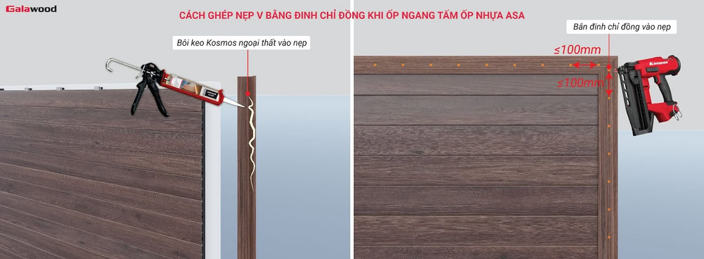 Cách ghép nẹp v bằng đinh chỉ đồng khi ốp ngang tấm ốp nhựa ASA G-OP112X16