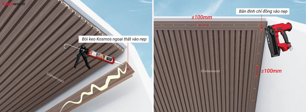 Cách ghép nẹp v bằng đinh chỉ đồng khi ốp trần lam 5 sóng nhựa asa