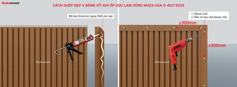 Cách ghép nẹp V bằng vít khi ốp dọc lam sóng nhựa ASA G-4S219X25