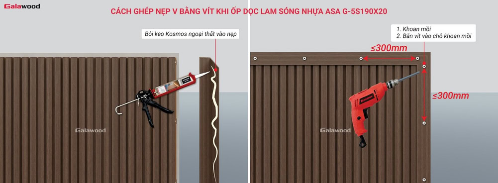 Cách ghép nẹp V bằng vít khi ốp dọc tấm ốp lam 5 sóng nhựa ASA