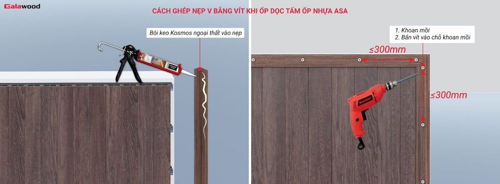 Cách ghép nẹp V bằng vít khi ốp dọc tấm ốp nhựa ASA