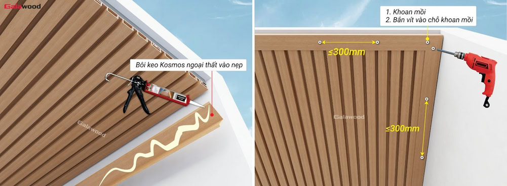 Cách ghép nẹp V bằng vít khi ốp lam sóng nhựa ASA G-4S219X25 trên trần