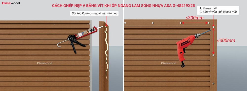 Cách ghép nẹp V bằng vít khi ốp ngang tấm nhựa ASA