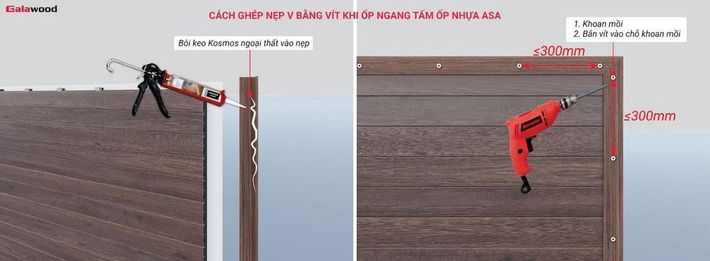 Cách ghép nẹp V bằng vít khi ốp ngang tấm nhựa ASA
