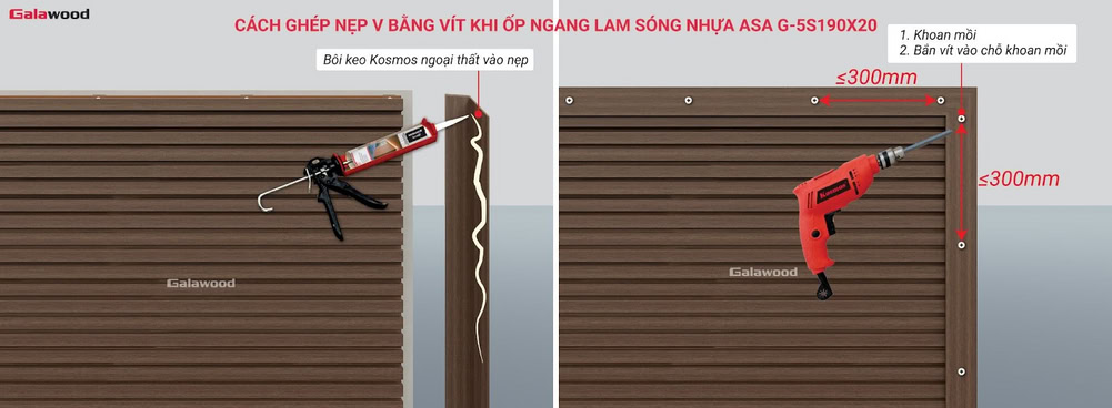 Cách ghép nẹp V bằng vít khi ốp ngang tấm ốp lam 5 sóng nhựa ASA