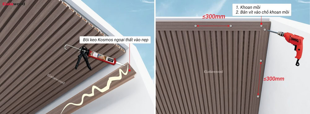 Cách ghép nẹp v bằng vít khi ốp trần lam 5 sóng nhựa asa