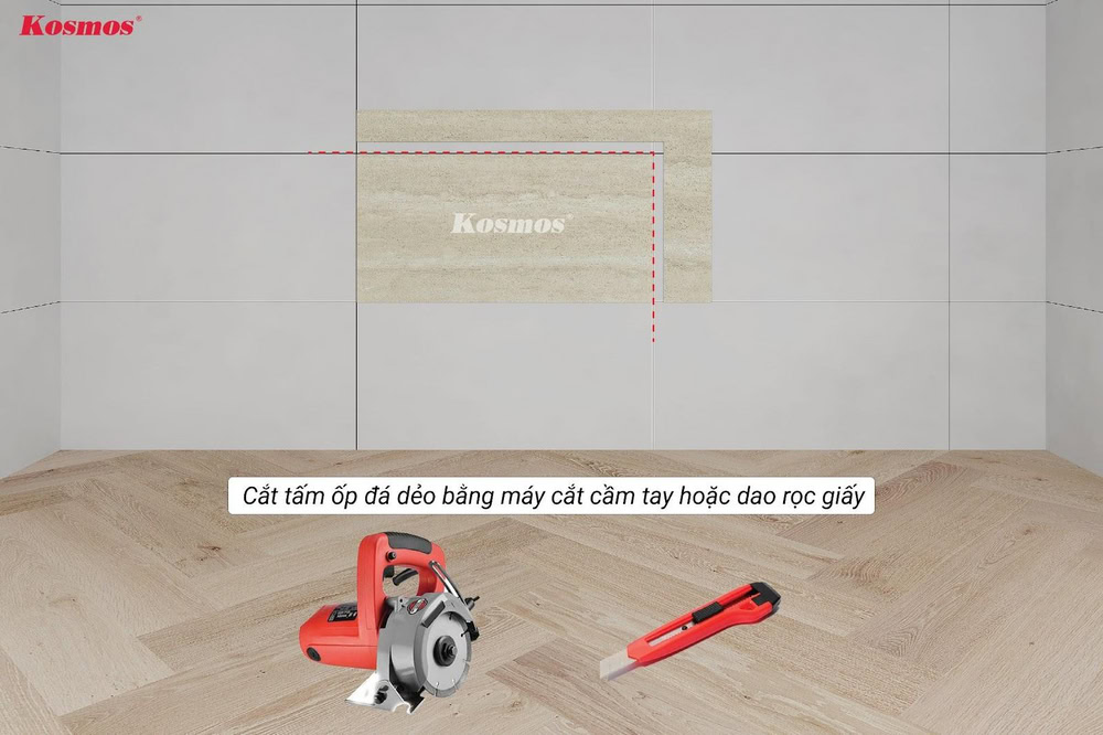 Cắt tấm ốp đá dẻo bằng máy cắt cầm tay hoặc dao rọc giấy