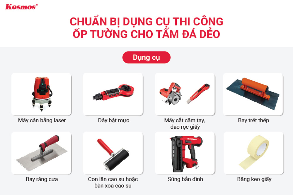 Chuẩn bị dụng cụ thi công ốp tường bằng tấm đá dẻo Chuẩn bị dụng cụ thi công ốp tường bằng tấm đá dẻo