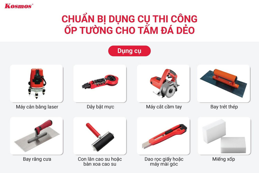 Chuẩn bị dụng cụ thi công ốp tường bằng tấm đá dẻo
