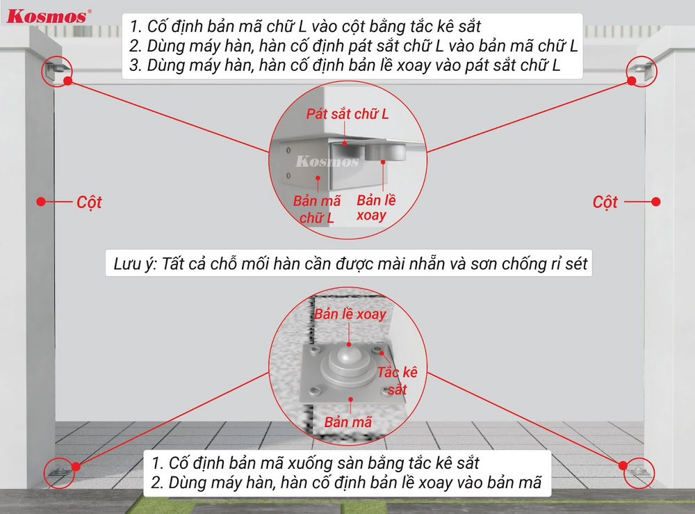 Fix 2 swivel hinges at the bottom of the gate post and on the top of the gate post