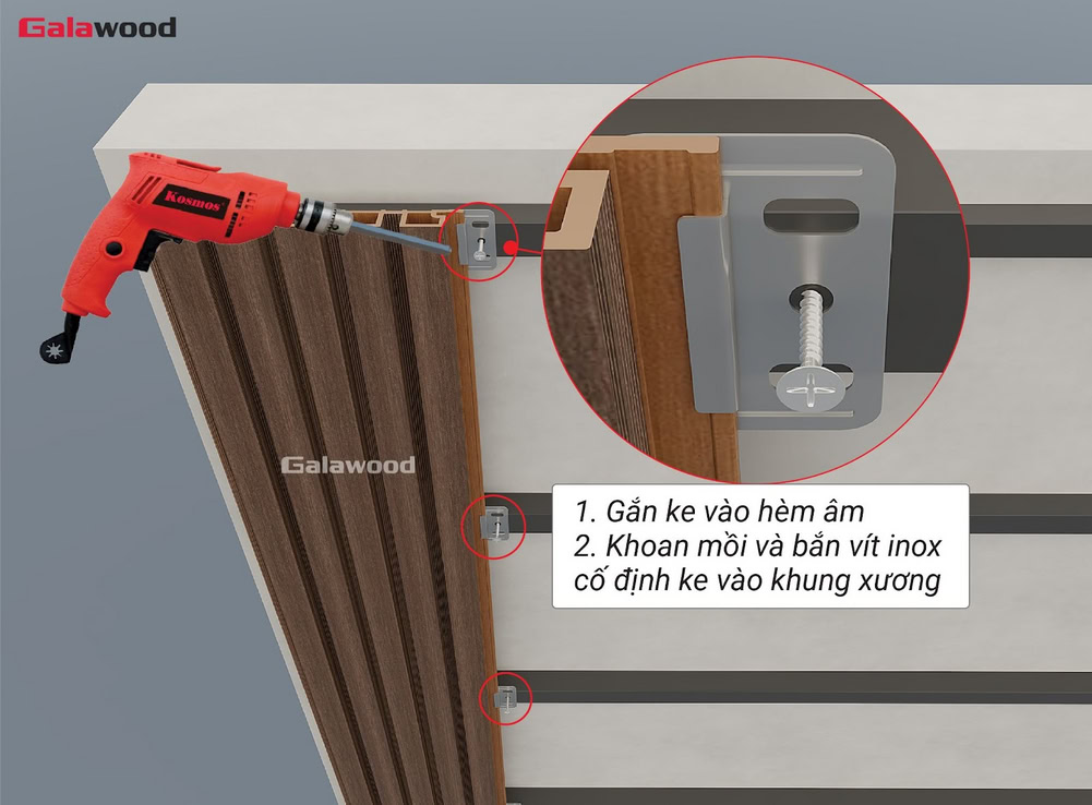 Cố định lam 5 sóng nhựa ASA nằm dọc trên khung xương bằng ke và vít inox