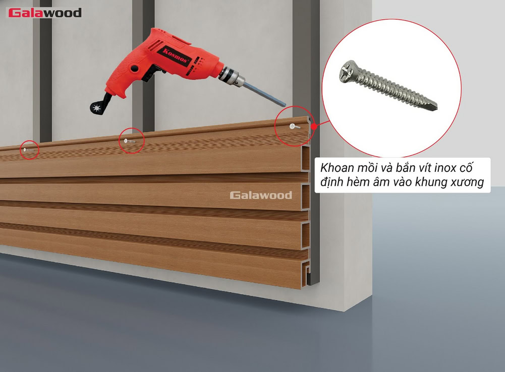 Cố định lam sóng nhựa ASA G-4S219X25 nằm ngang trên khung xương bằng vít inox