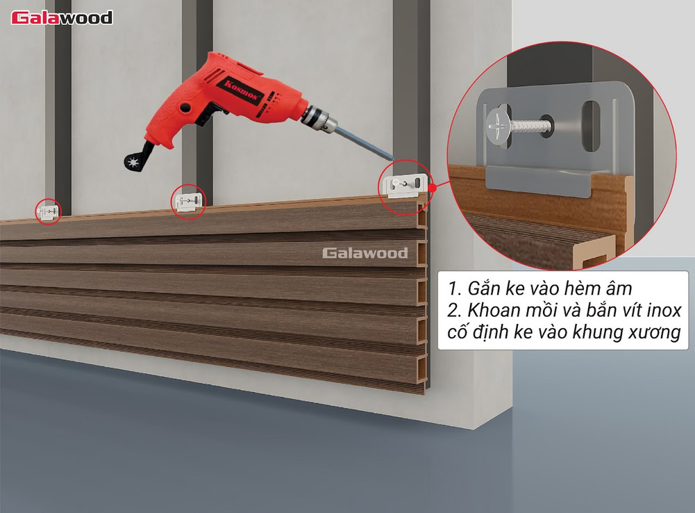 Cố định tấm ốp lam 5 sóng nhựa ASA nằm ngang trên khung xương bằng ke và vít inox