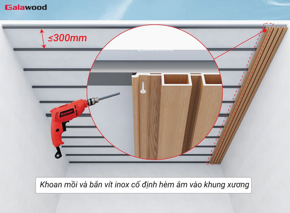 Cố định tấm ốp lam sóng G-4S219X25 lên khung xương trên trần bằng vít inox