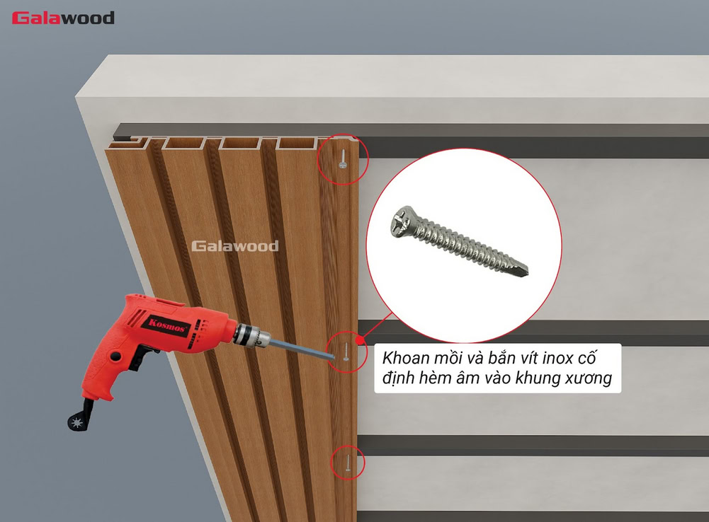 Cố định tấm ốp lam sóng G-4S219X25 nằm dọc trên khung xương bằng vít inox