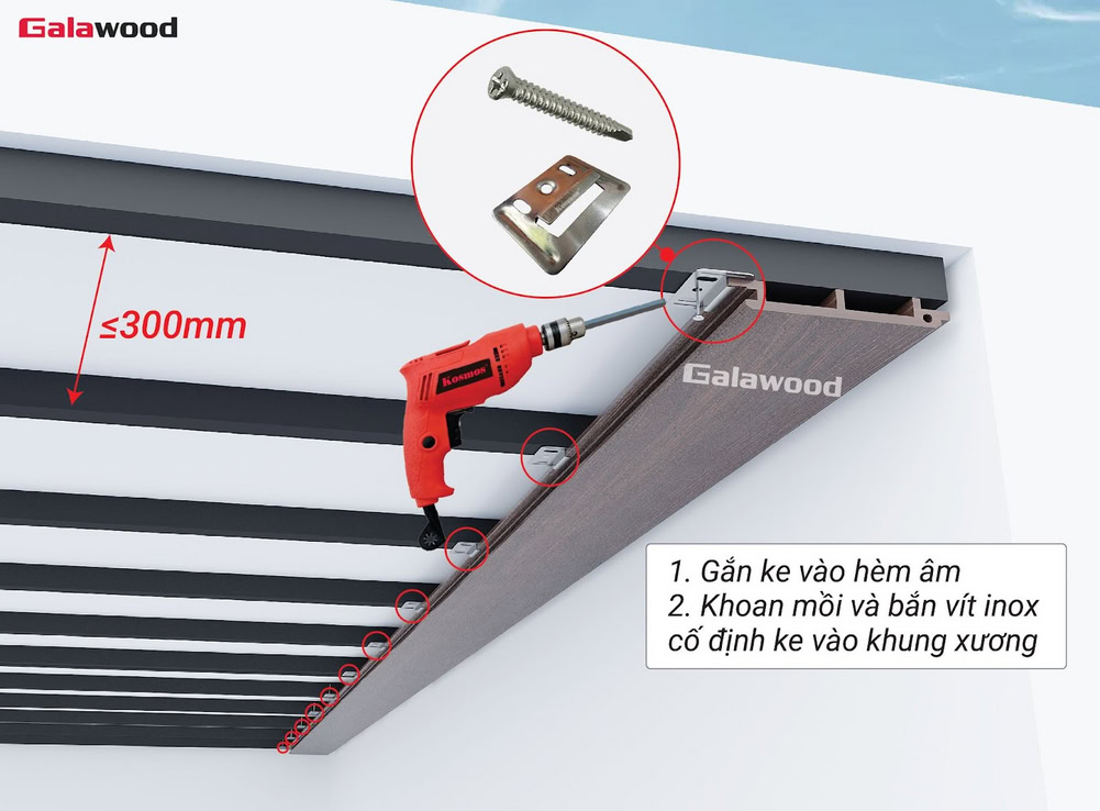 Cố định tấm ốp nhựa ASA lên khung xương trên trần bằng ke và vít inox