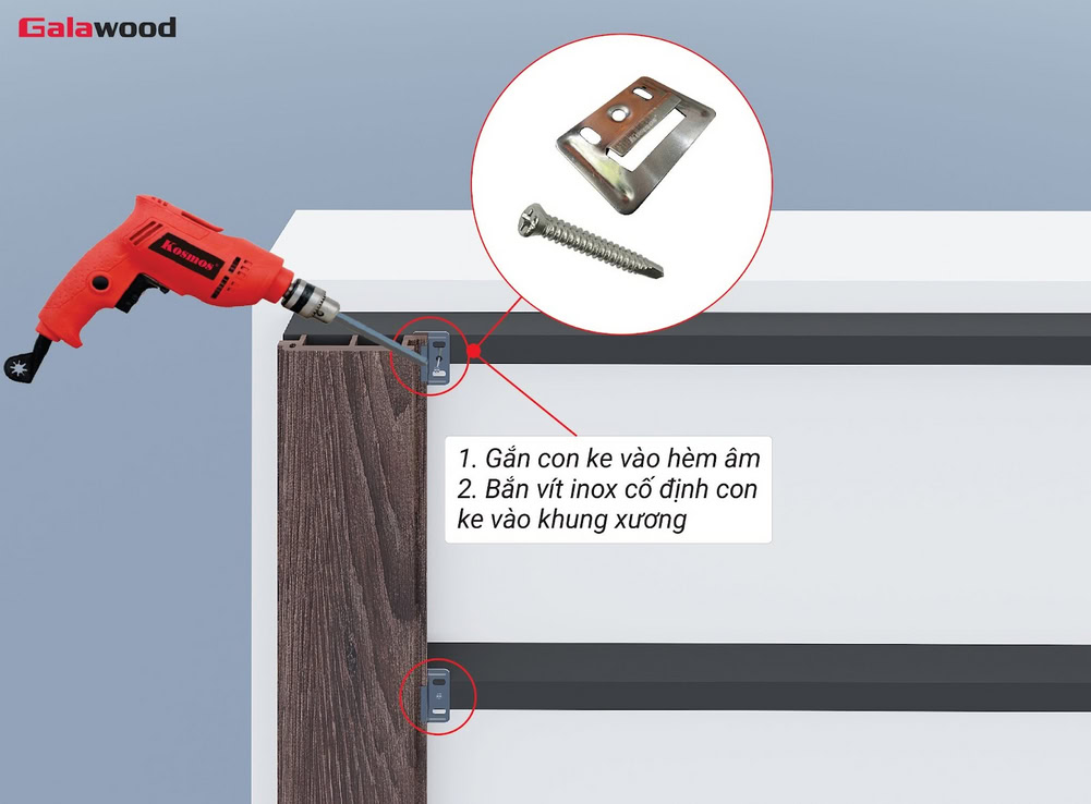 Cố định tấm ốp nhựa ASA nằm dọc trên khung xương bằng ke và vít inox