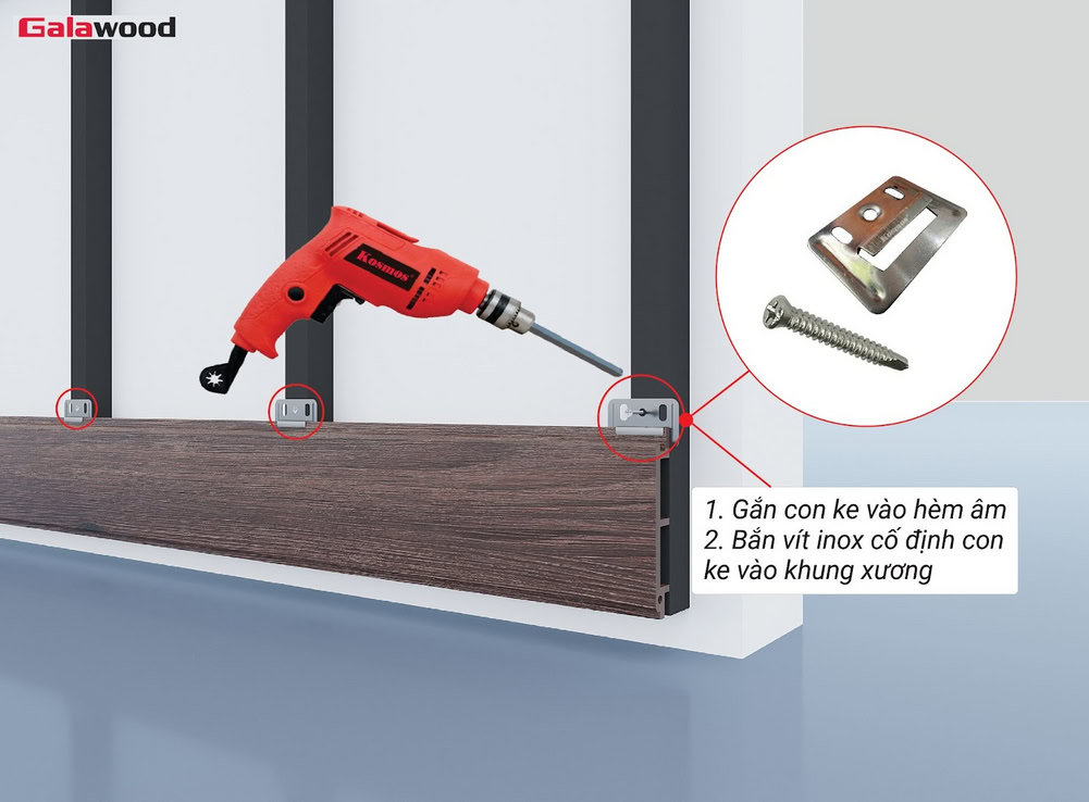 Cố định tấm ốp nhựa ASA nằm ngang trên khung xương bằng ke và vít inox