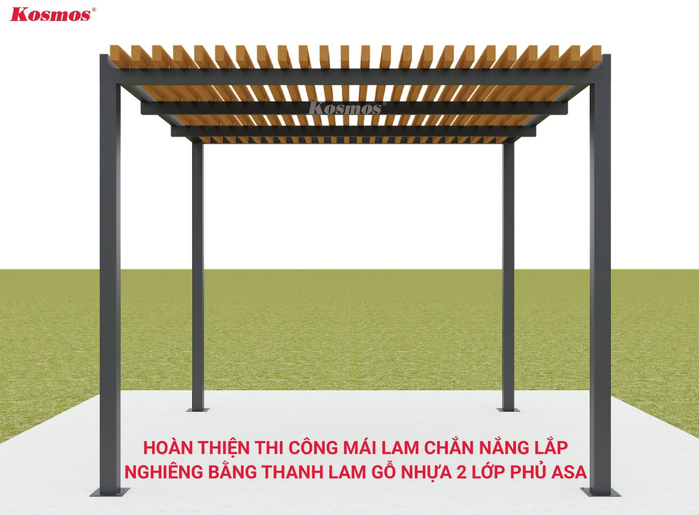 The project involves completing the sunshade roof using ASA wood-plastic composite slats installed at an angle.