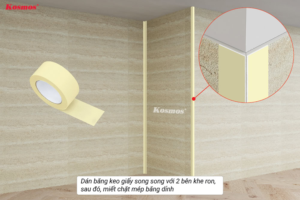 Dán băng keo giấy song song hai bên khe ron Dán băng keo giấy song song hai bên khe ron