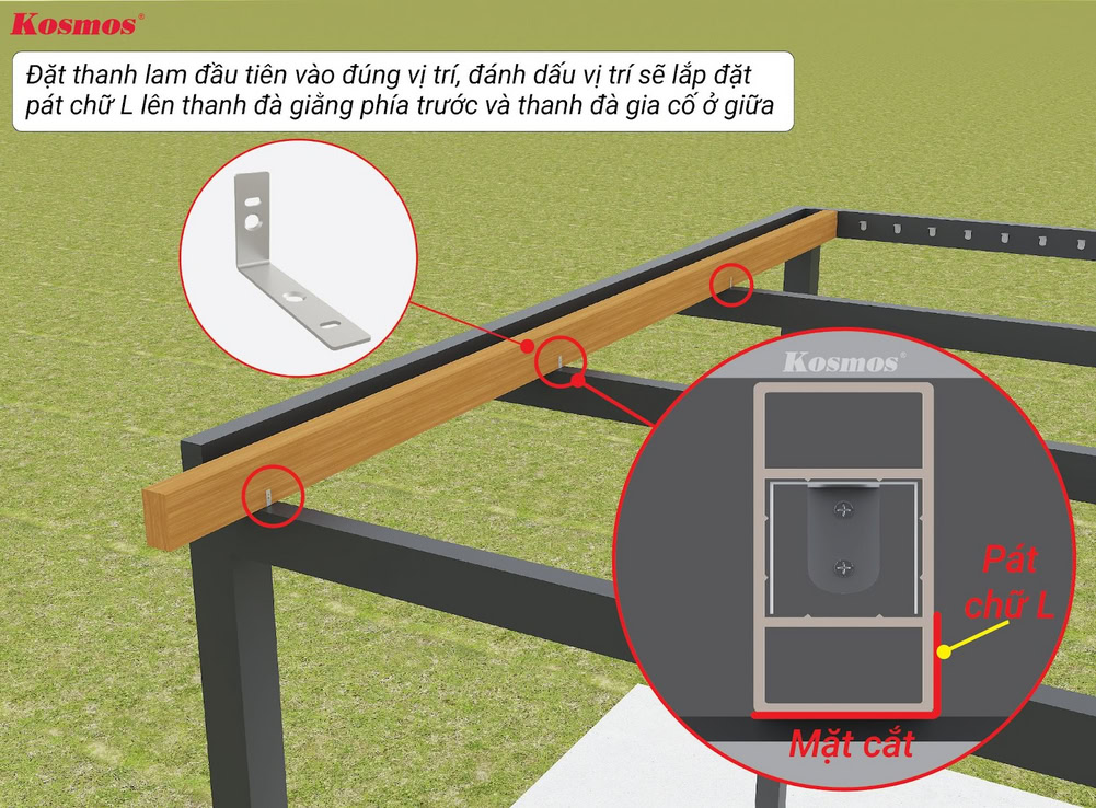 Place the first slat in the correct position to mark the installation location of the L-shaped iron bracket on the front beam and the middle reinforcement beam.